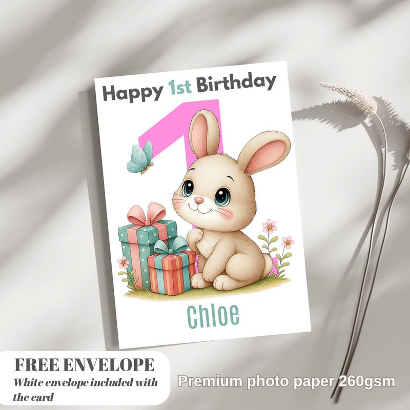 Rabbit 1st Birthday Card | Personalised Baby Girl Greeting Card | Custom Number Card for your niece from grandma, aunt or loved one