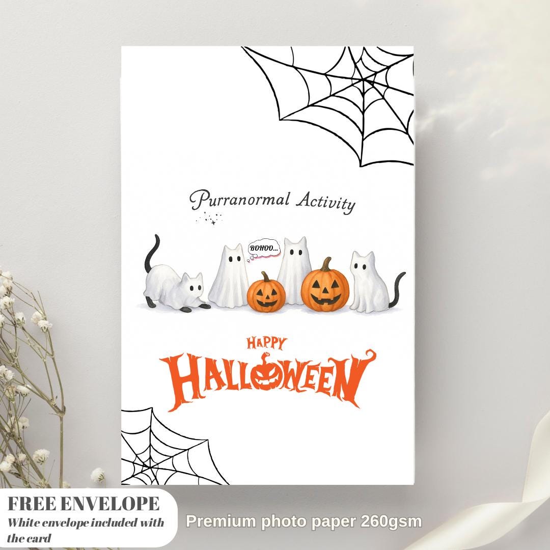 Ghost Cats Halloween Greeting Card | Funny Cat Halloween Card | Spooky Watercolor Cat Card | Cute Purranormal Activity Card