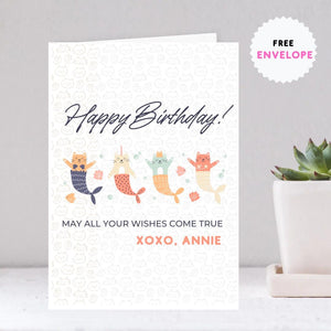 Personalised Cat Sirene Birthday Card, Birthday Cards, Cats Birthday Cards, Party Cats Cards, Birthday card  cute cat card