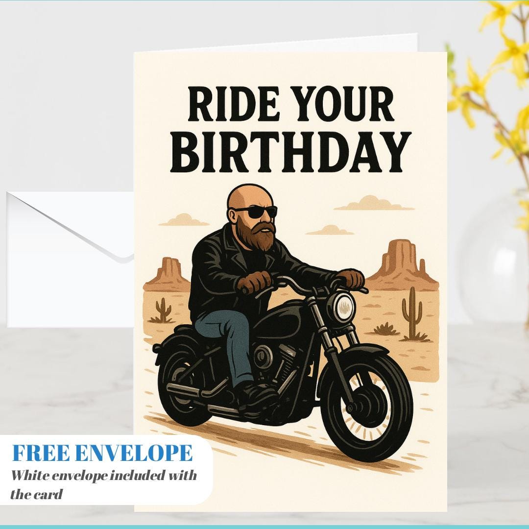 Ride Your Birthday Biker Card – Harley Rider Birthday Greeting Card, Funny Motorcycle Gift for Him, Bearded Biker Rocker Art Print