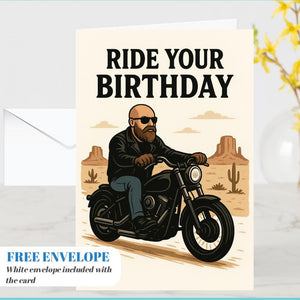 Ride Your Birthday Biker Card – Harley Rider Birthday Greeting Card, Funny Motorcycle Gift for Him, Bearded Biker Rocker Art Print