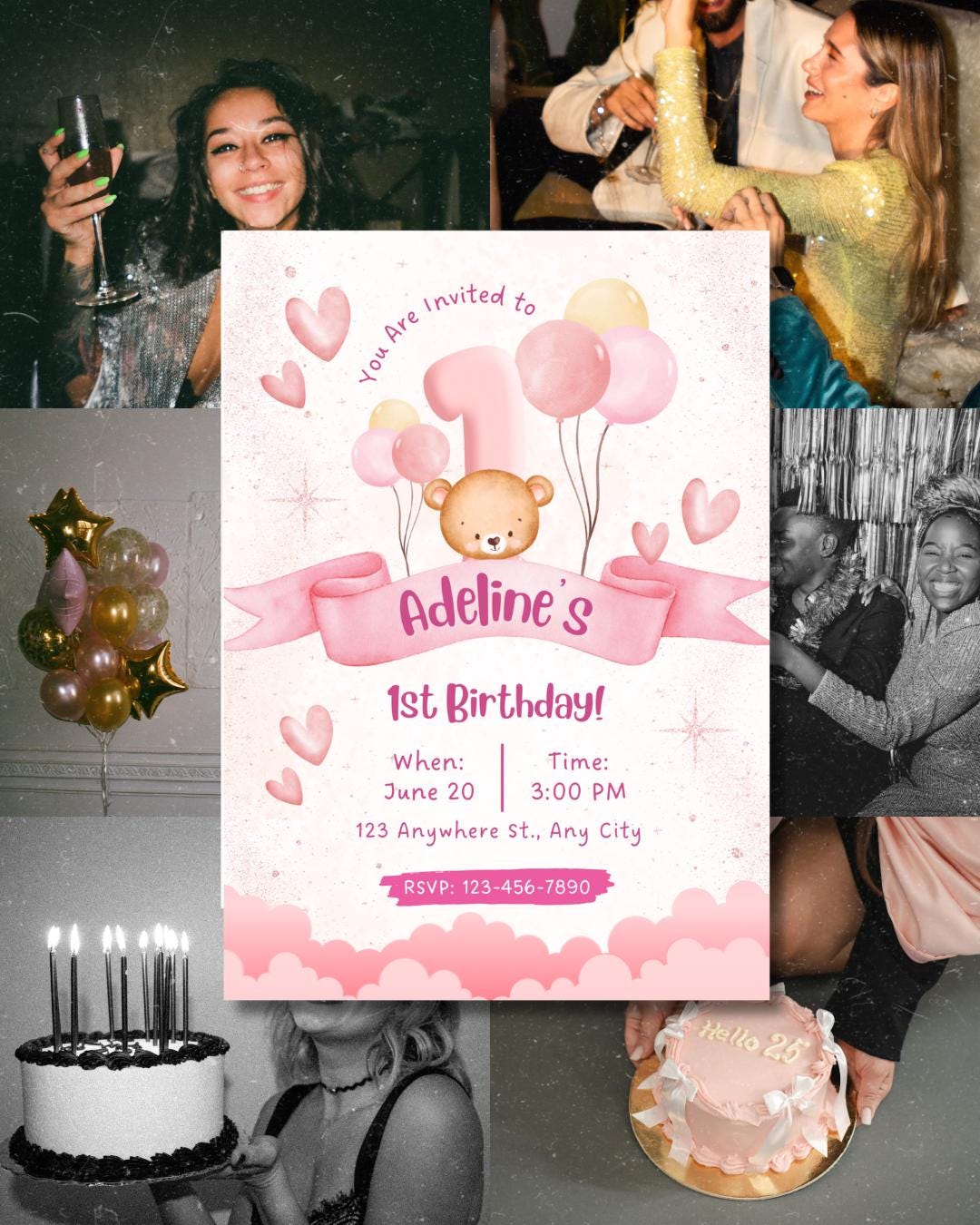Beary Birthday Invitation, Bear Birthday Invite, Teddy  Birthday,  Birthday Girl, Beary Birthday Party Invite Pink 10/20/30 invitations card