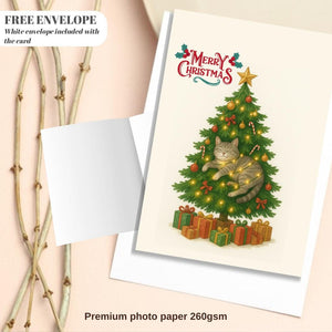 Christmas Tree Cat Card - Christmas Lover Cat - Funny Tree  Cards For Cat Lovers - Cat wishes you Merry Christmas to you, cat mums postcard