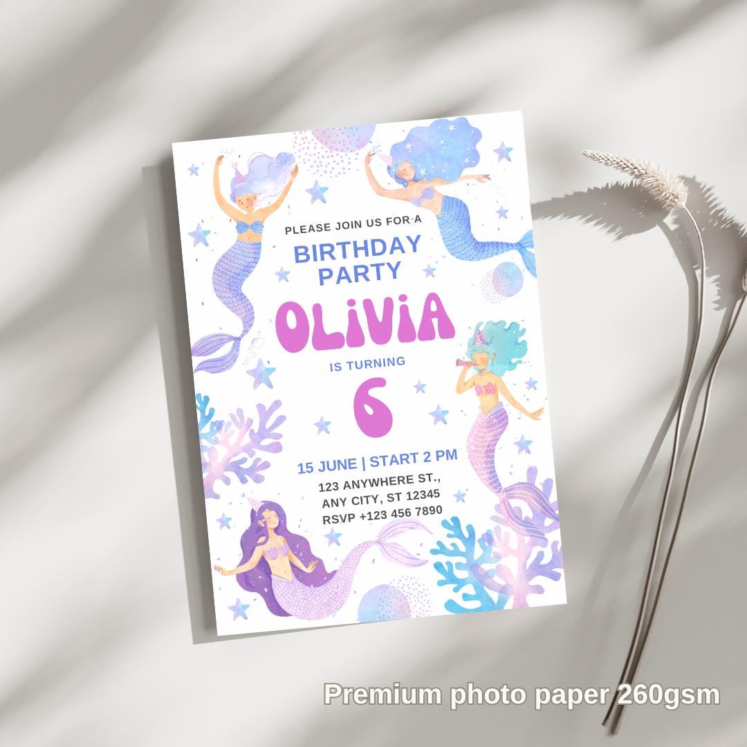Siren Birthday Invitation, Invite card  Birthday,  Birthday Girl, Siren Birthday Party Invite pack of 10/20/30 invitations card