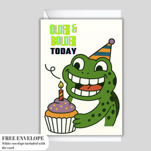 Frog Birthday Card – older and bolder today, Cute Funny Greeting Card for Him or Her, Frog Wishes Happy Birthday, Card for Friend