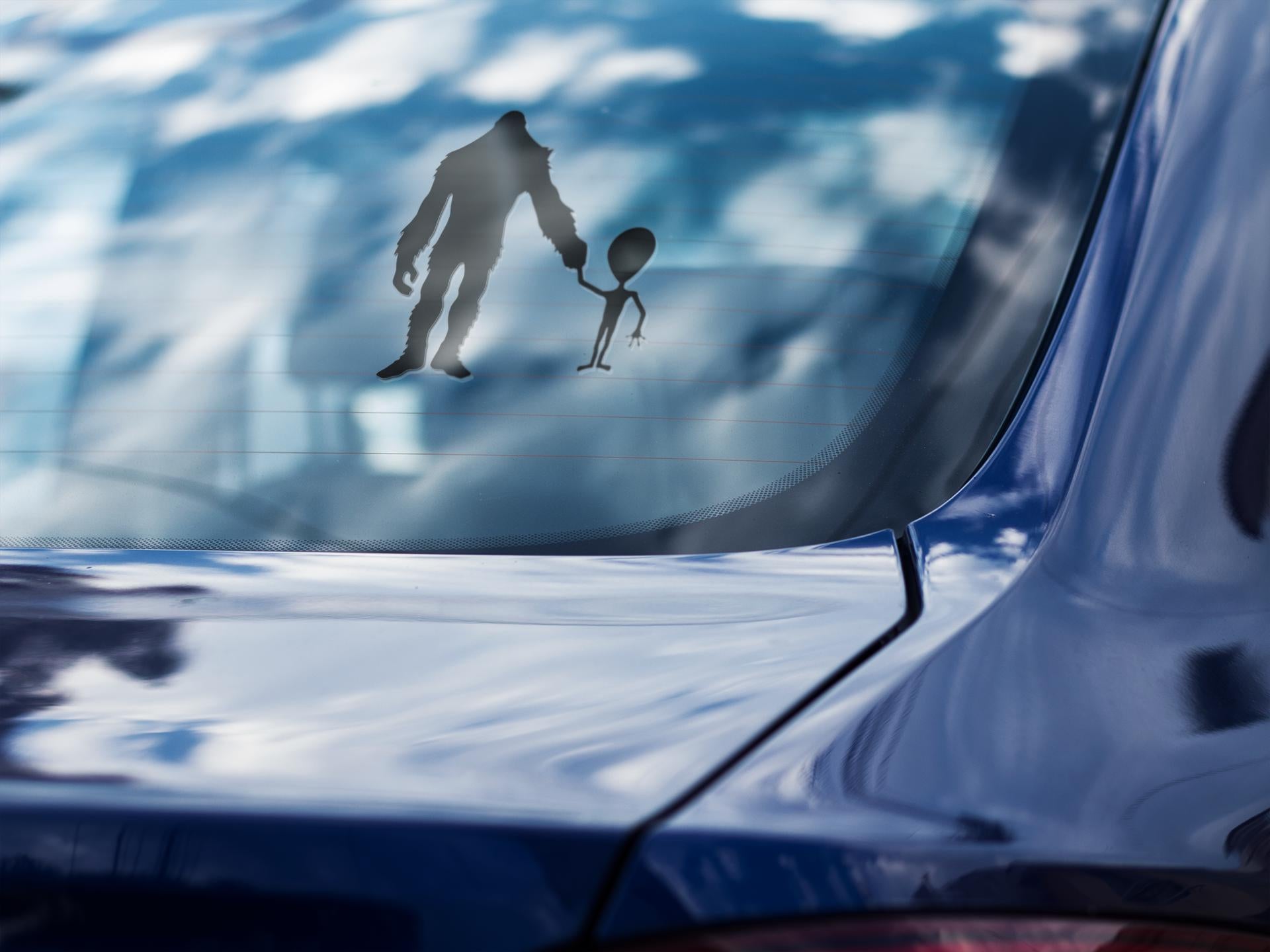 Bigfoot and Alien Car Decal: Funny Vinyl Sticker