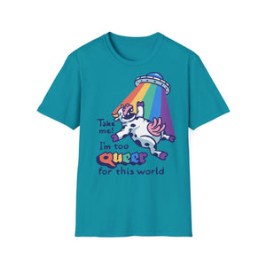Tshirt damen Funny Tshirt for women  Softstyle T-Shirt take me i'm too queer for this world tshirt for her gift for women