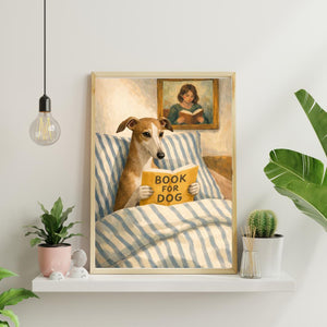 Greyhound Reading Print – Dog Wall Art, Cozy Bedroom Poster, Book Lover Dog Illustration