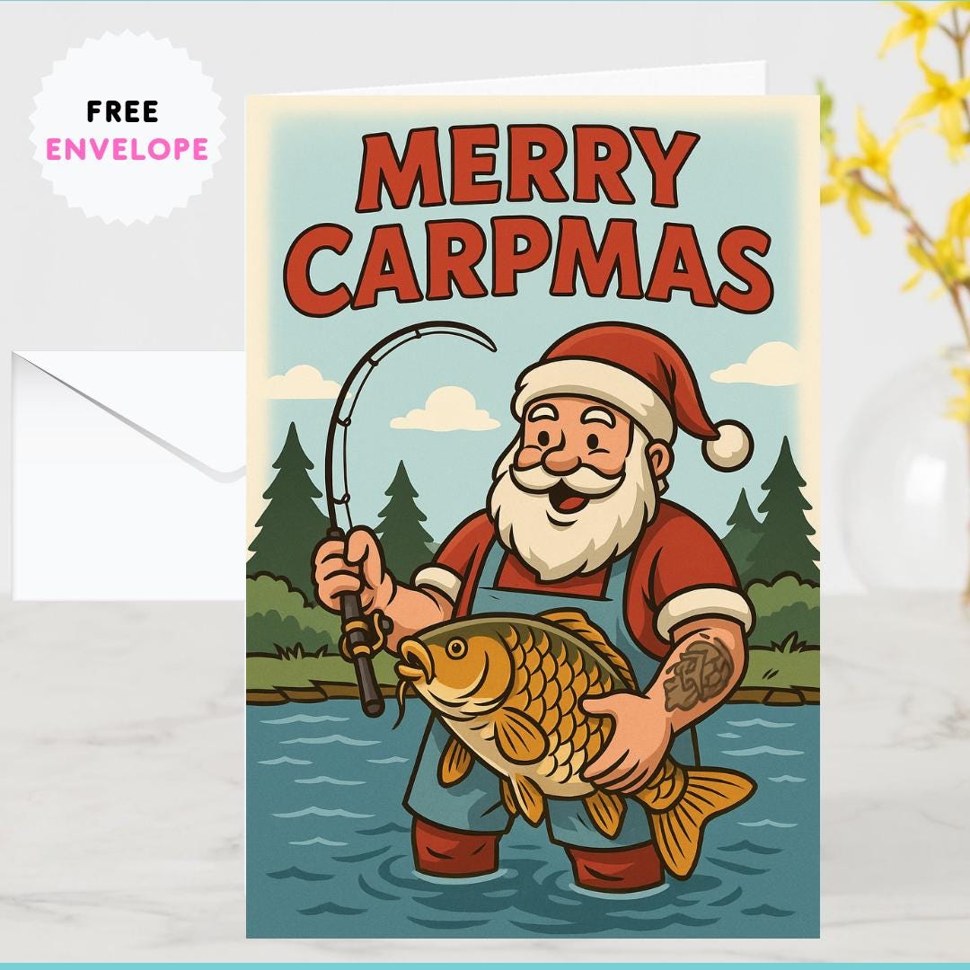 Merry Carpmas Fishing Christmas Card – Funny Santa Big Carp Catch Card for Fishermen, Carp Fishing Lovers & Anglers