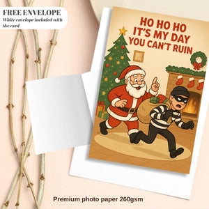 Funny Christmas Santa Card – Santa catches thief with Christmas gifts, funny Santa and thief greeting card