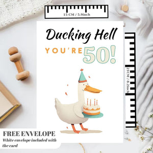 Funny 50th Birthday Card – Ducking Hell You’re 50! | Humorous Offensive Milestone Greeting Card | Duck Animal Theme Joke Card for Him or Her