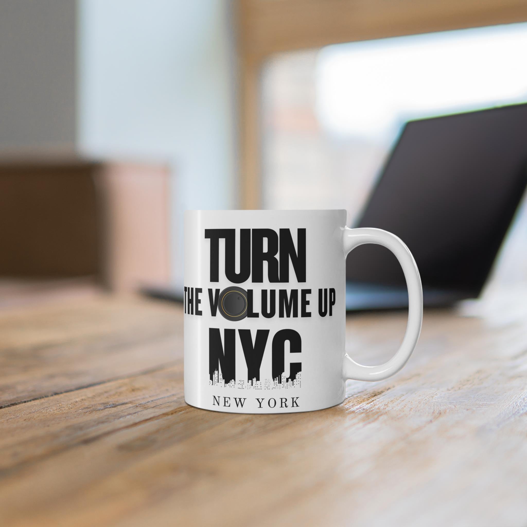 Turn the Volume Up NYC Mug | New York skyline, speaker graphic