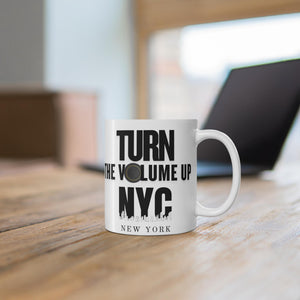 Turn the Volume Up NYC Mug | New York skyline, speaker graphic