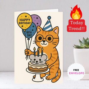 Cat Birthday Card – Cute Funny Greeting Card for Cat Lovers, Happy Birthday Kitty, Mouse Cake Cat Card for Her or Him