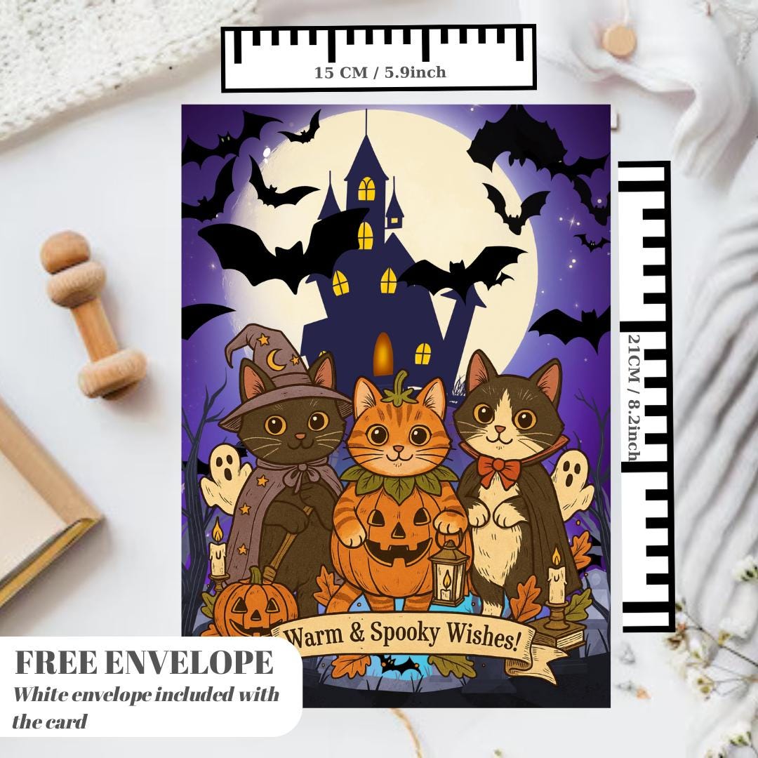 Funny Cat halloween Card - warm and spooky whises Cat - halloween Cards For Men Women - Cheeky Gift For Cat Lovers - Sister Brother Friend