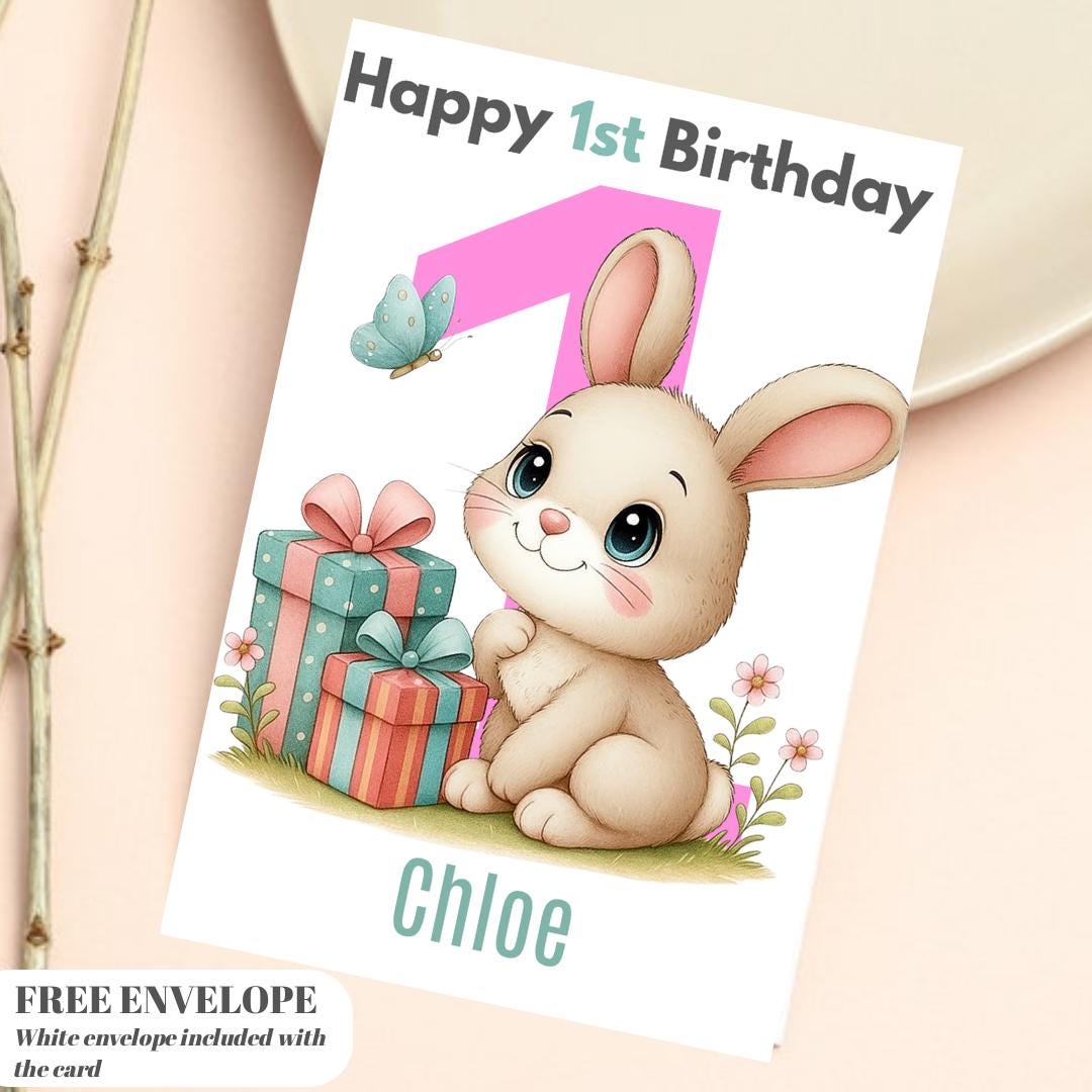 Rabbit 1st Birthday Card | Personalised Baby Girl Greeting Card | Custom Number Card for your niece from grandma, aunt or loved one