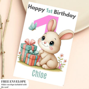 Rabbit 1st Birthday Card | Personalised Baby Girl Greeting Card | Custom Number Card for your niece from grandma, aunt or loved one