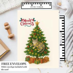 Christmas Tree Cat Card - Christmas Lover Cat - Funny Tree  Cards For Cat Lovers - Cat wishes you Merry Christmas to you, cat mums postcard
