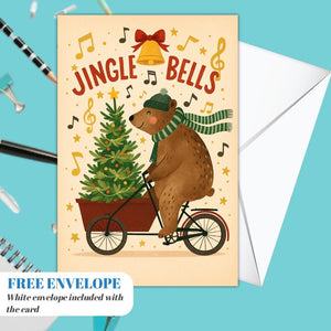 Funny Christmas Card - Bear on bicycle with Christmas tree, jungle bells christmas card bear greeting card
