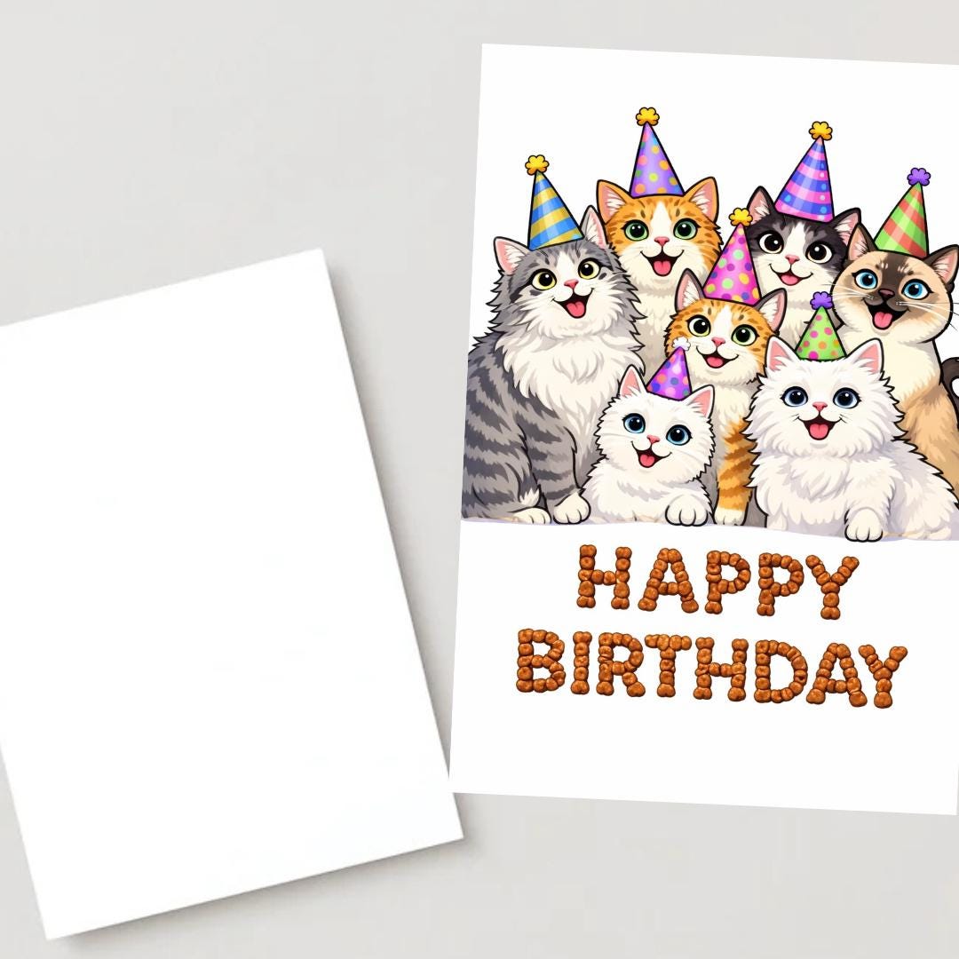 Funny Cat Birthday Greeting Card, Meme Cats Party Card, Cat Lover Birthday Card, Cute Pet Birthday Card