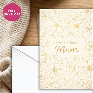 Mum Birthday Card – Elegant Floral Birthday Card for Mum, Minimal Gold Design, Classy Birthday Card for Mother