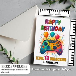 Personalised gamer birthday card | boy girl greeting card | gaming all ages | video game player gift | level up control pad