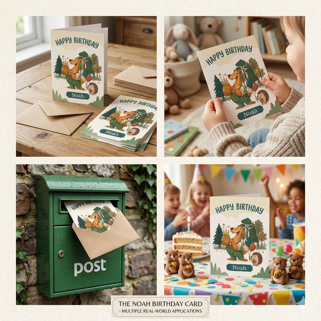 Personalised Happy Birthday Badger & Hedgehog Card – Custom Kids Birthday Card with Honey Jar & Balloons | Ireland
