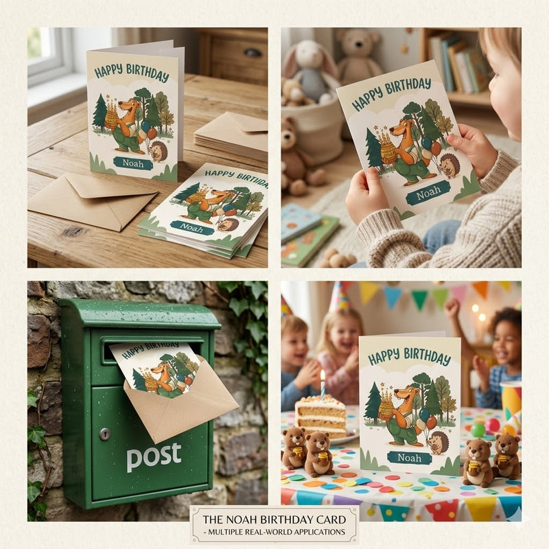 Personalised Happy Birthday Badger & Hedgehog Card – Custom Kids Birthday Card with Honey Jar & Balloons | Ireland