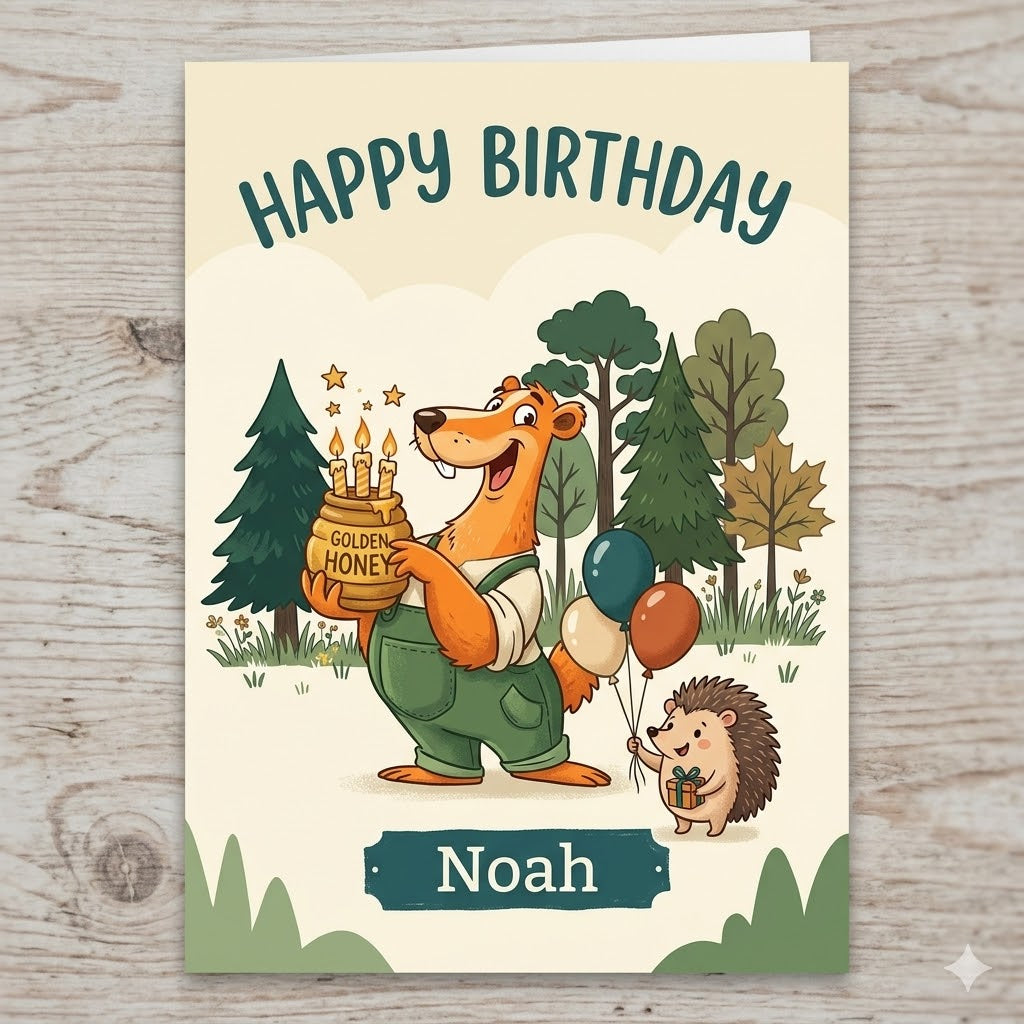 Personalised Happy Birthday Badger & Hedgehog Card – Custom Kids Birthday Card with Honey Jar & Balloons | Ireland