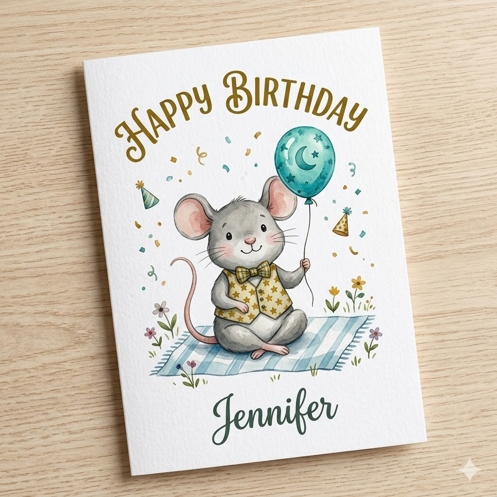 Personalised Happy Birthday Mouse Card – Cute Watercolor Mouse with Balloon & Bow Tie | Custom Name Ireland